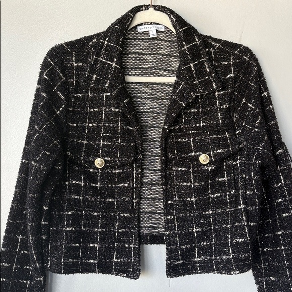 Tweed Chanel-style Black and White Cropped Blazer w Collar Plaid Pattern - Picture 3 of 8